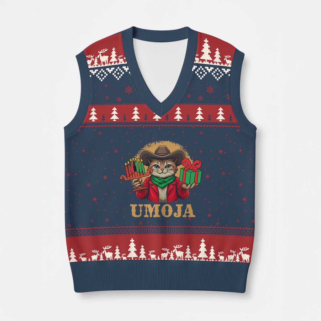 Funny Umoja Holiday Gift V-Neck Knit Sweater Vest CowCat Kwanzaa Kinara Candle And Presents TS12 Navy Red Print Your Wear