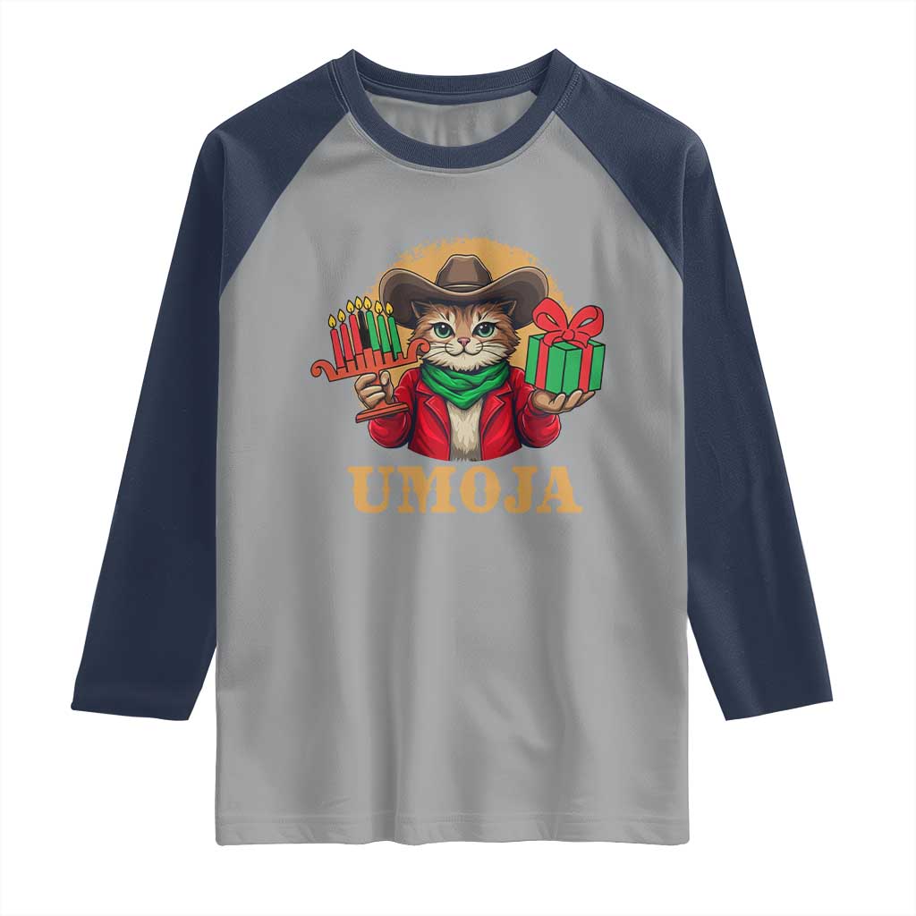 Funny Umoja Holiday Gift Raglan Shirt CowCat Kwanzaa Kinara Candle And Presents TS12 Sport Gray Navy Print Your Wear