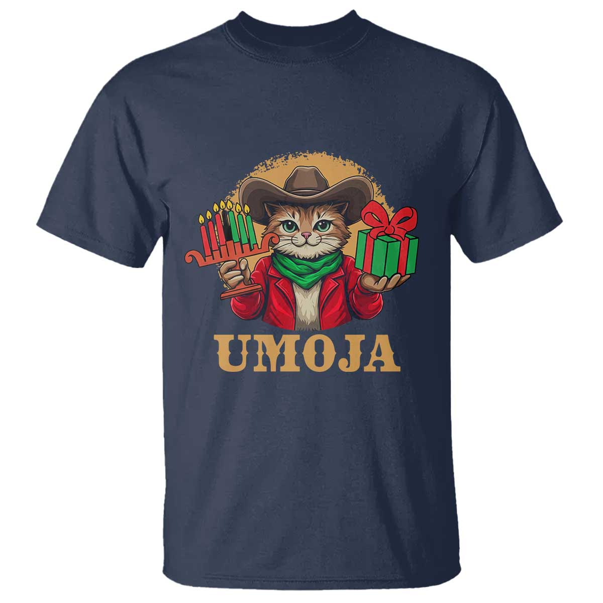Funny Umoja Holiday Gift T Shirt CowCat Kwanzaa Kinara Candle And Presents TS12 Navy Print Your Wear