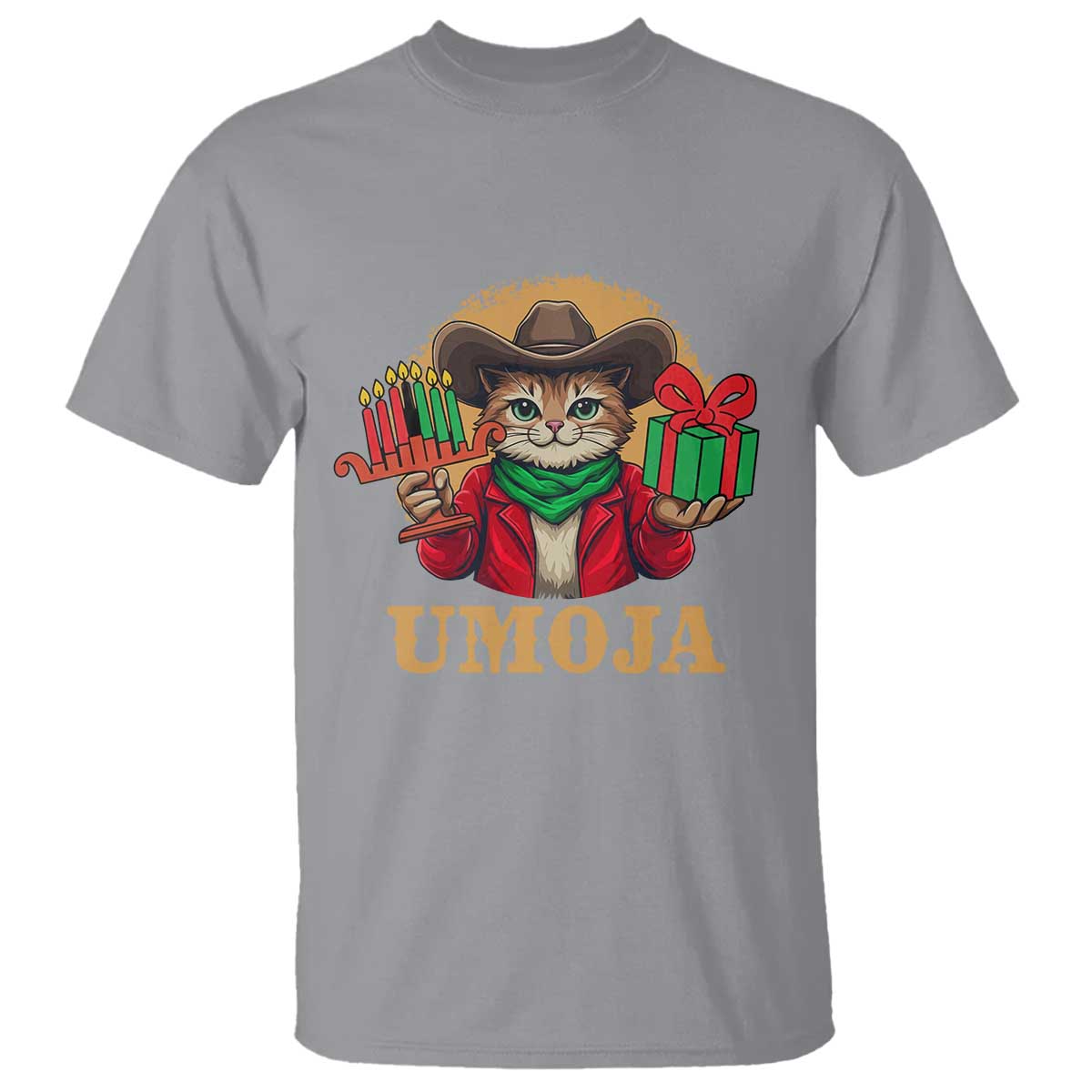 Funny Umoja Holiday Gift T Shirt CowCat Kwanzaa Kinara Candle And Presents TS12 Sport Gray Print Your Wear
