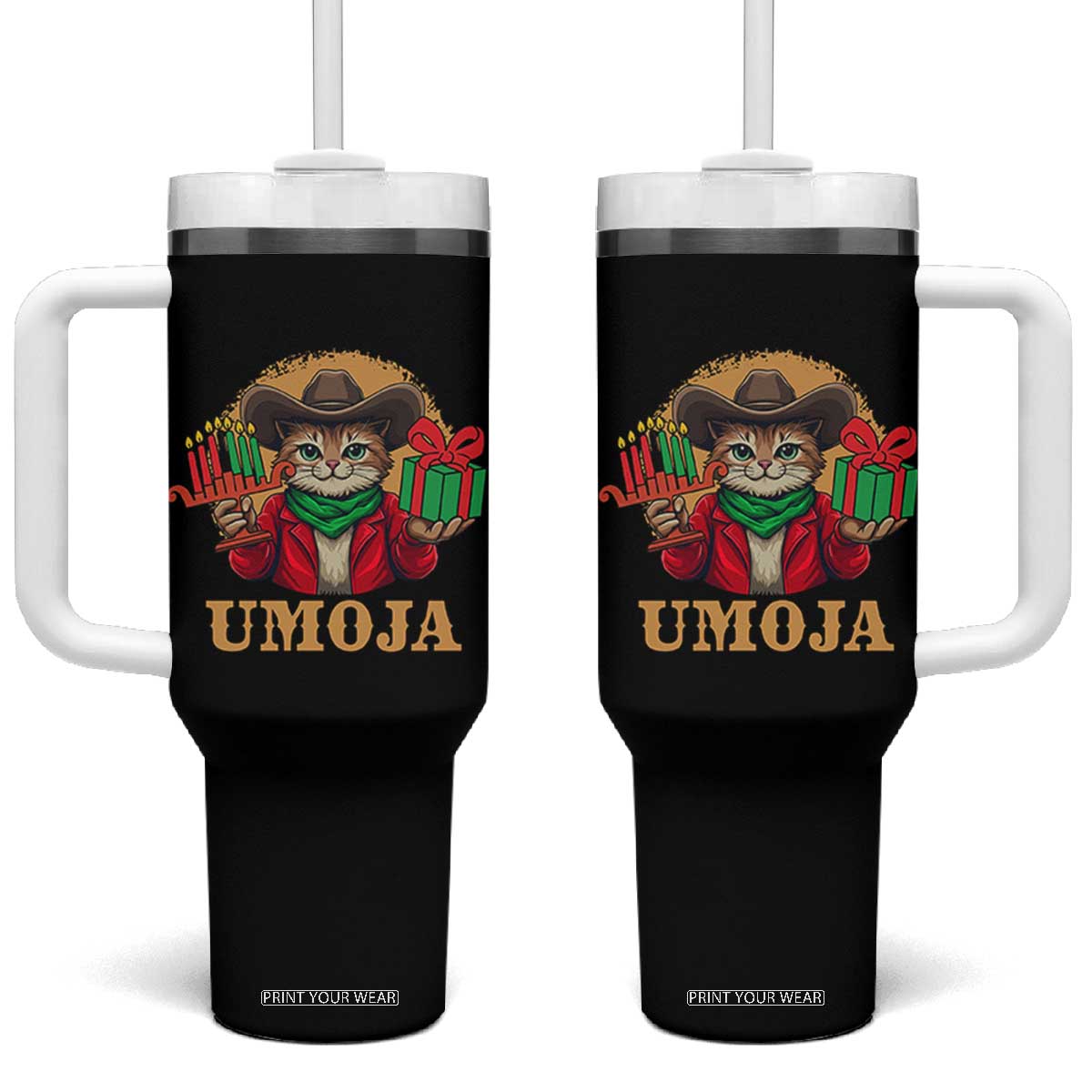 Funny Umoja Holiday Gift Tumbler With Handle CowCat Kwanzaa Kinara Candle And Presents TS12 One Size: 40 oz Black Print Your Wear