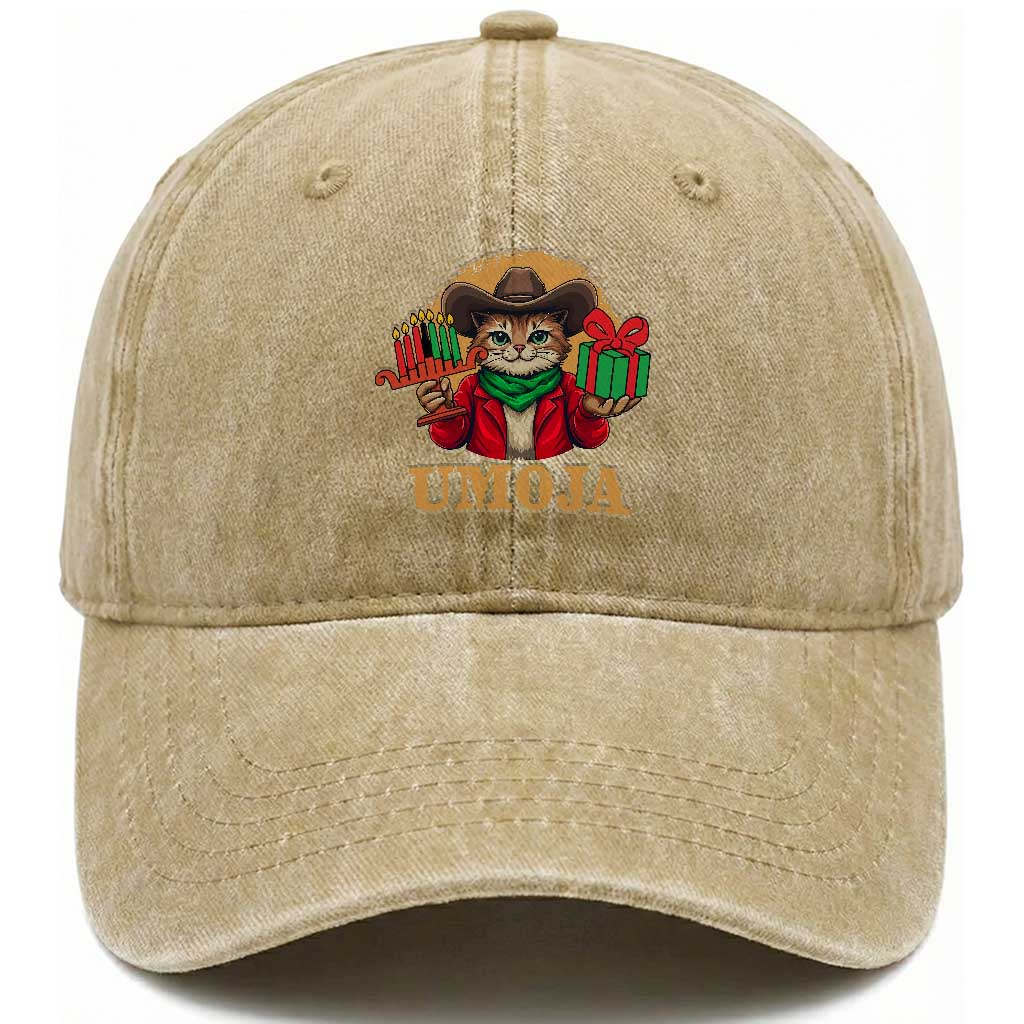 Funny Umoja Holiday Gift Washed Cotton Baseball Cap CowCat Kwanzaa Kinara Candle And Presents TS12 Print Your Wear