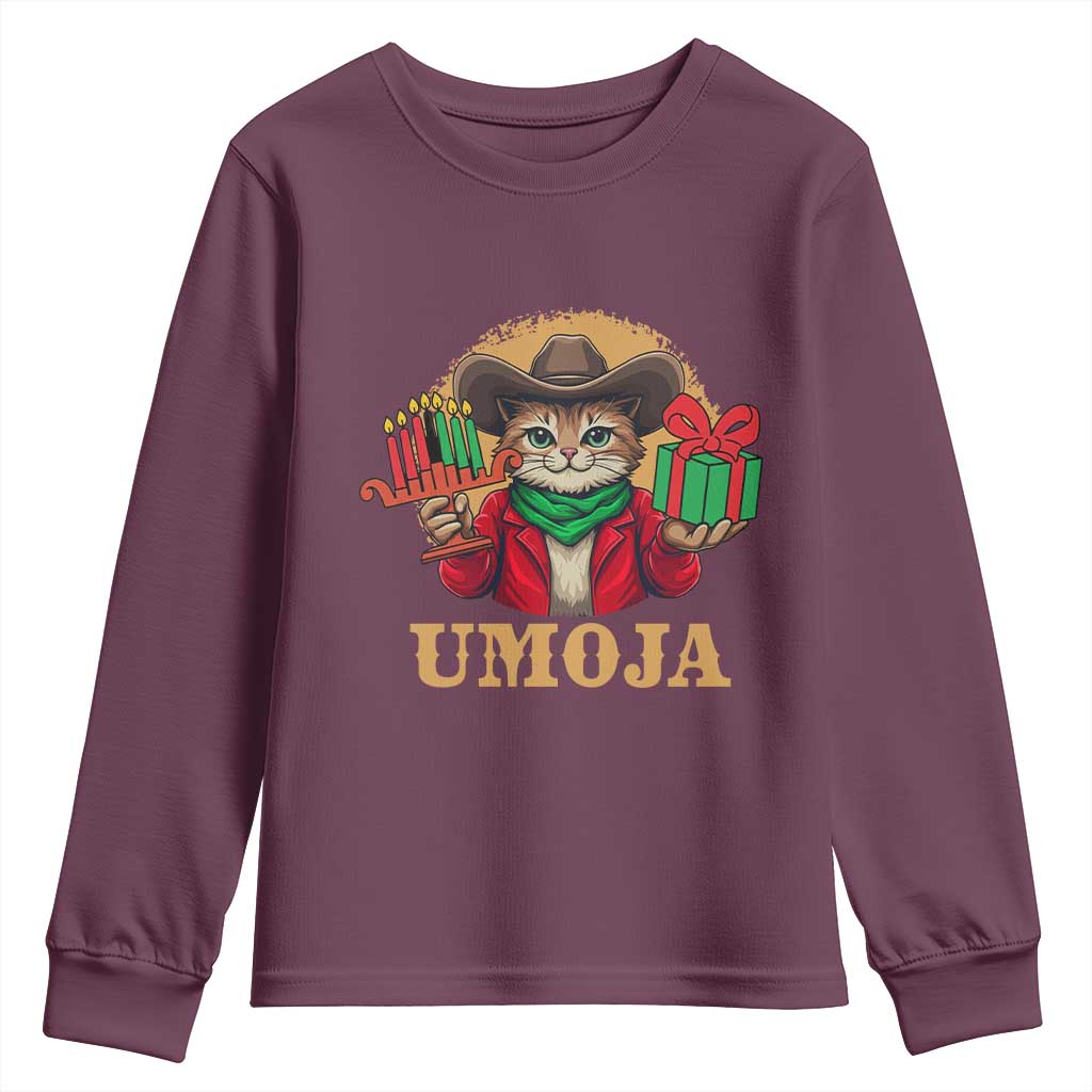 Funny Umoja Holiday Gift Youth Sweatshirt CowCat Kwanzaa Kinara Candle And Presents TS12 Maroon Print Your Wear