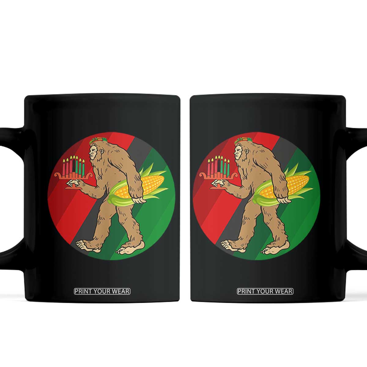 African American Holiday Gift Coffee Mug Retro Sunset Bigfoot With Kwanzaa Candle - Print Your Wear
