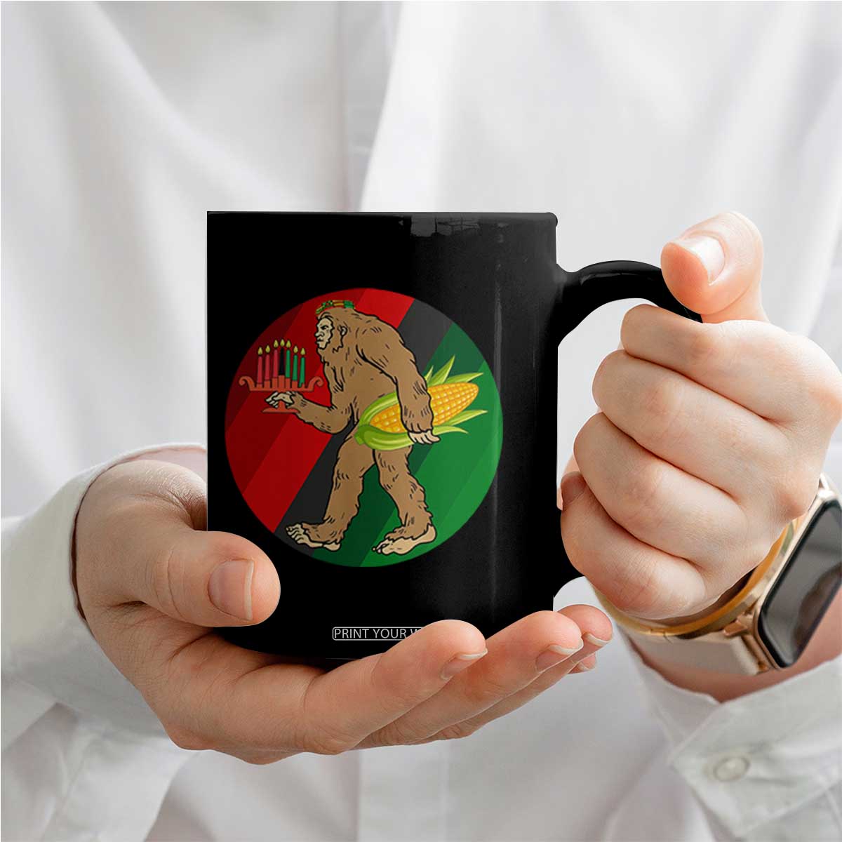 African American Holiday Gift Coffee Mug Retro Sunset Bigfoot With Kwanzaa Candle - Print Your Wear