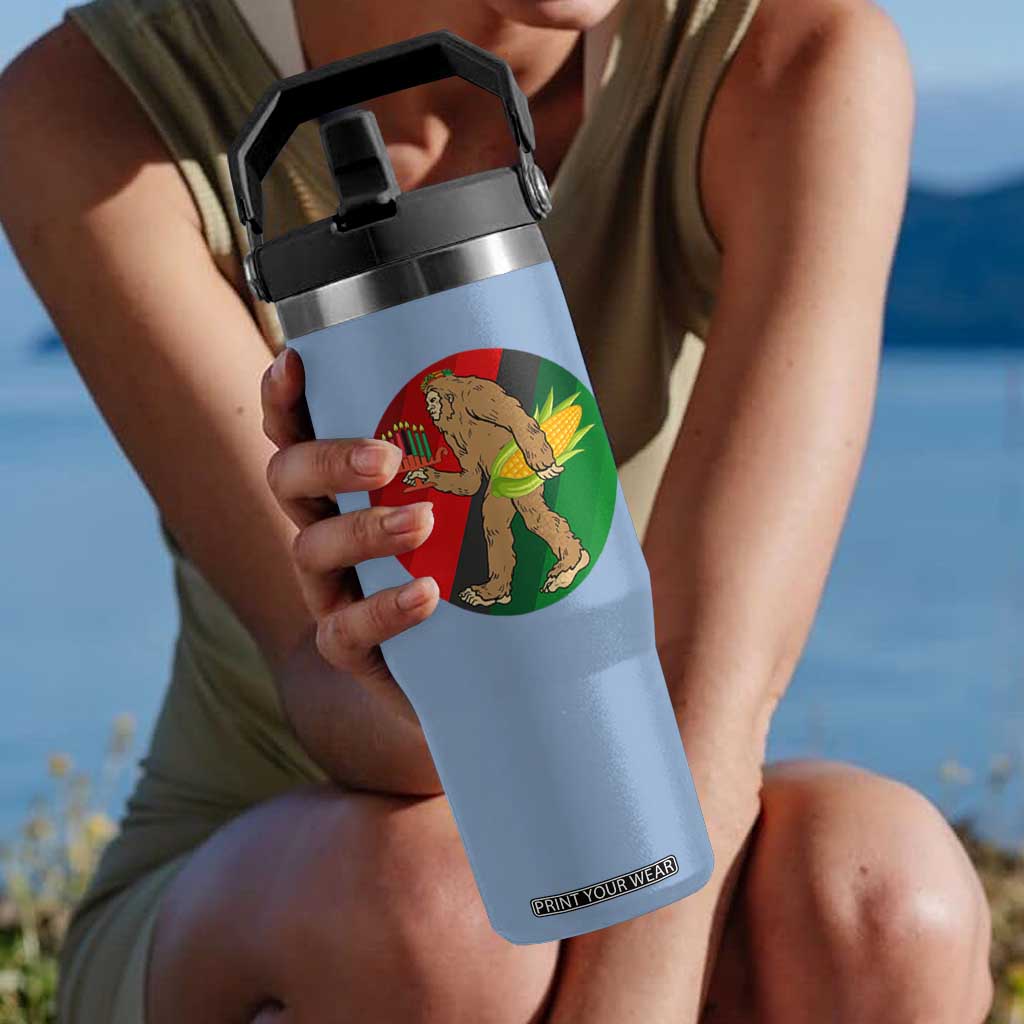 African American Holiday Gift Flip Straw Tumbler Retro Sunset Bigfoot With Kwanzaa Candle - Print Your Wear