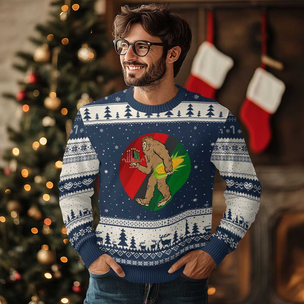 African American Holiday Gift Ugly Christmas Sweater Retro Sunset Bigfoot With Kwanzaa Candle TS12 Navy Beige Print Your Wear