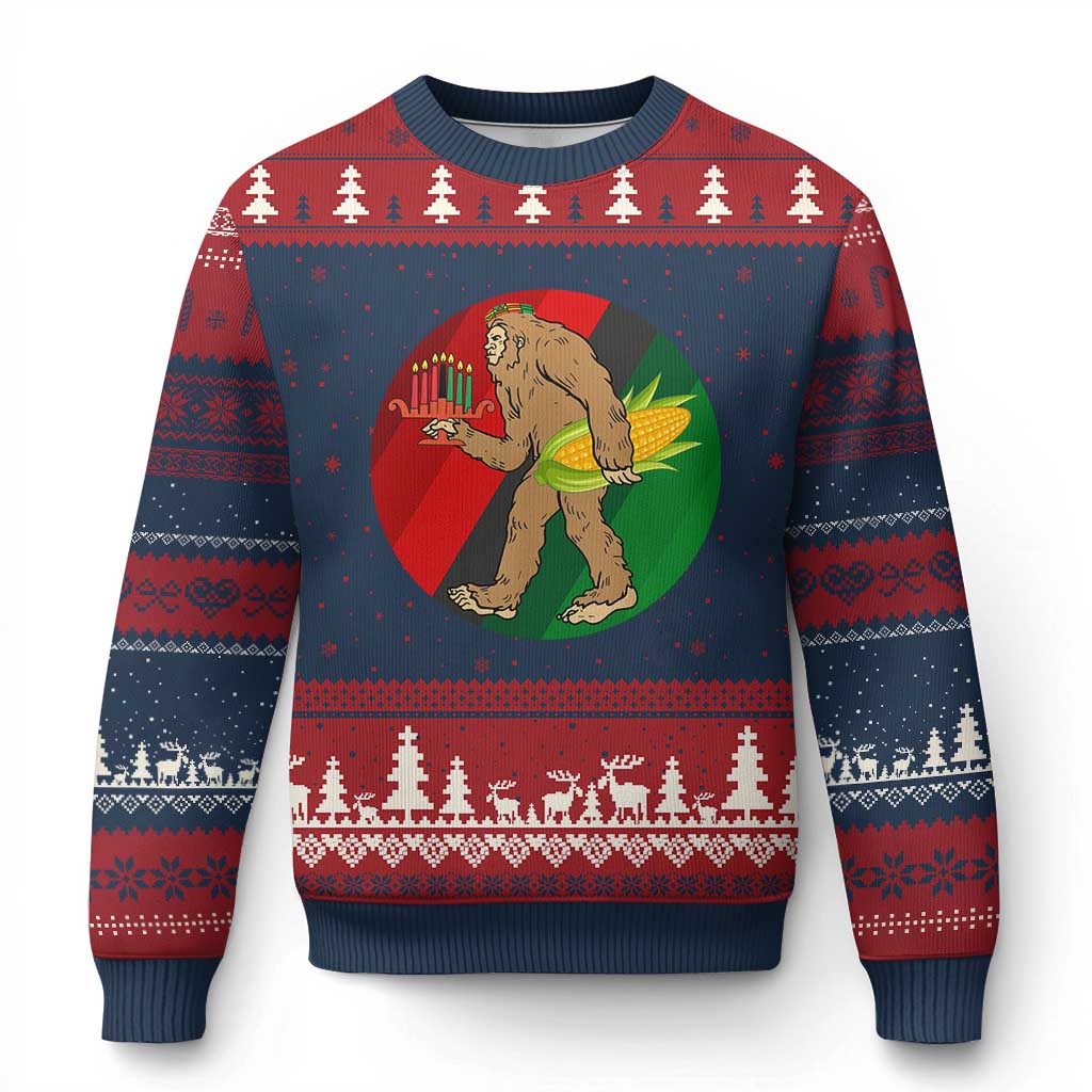 African American Holiday Gift Ugly Christmas Sweater Retro Sunset Bigfoot With Kwanzaa Candle TS12 Navy Red Print Your Wear