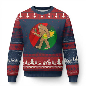 African American Holiday Gift Ugly Christmas Sweater Retro Sunset Bigfoot With Kwanzaa Candle TS12 Navy Red Print Your Wear