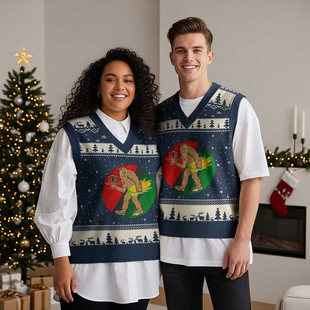 African American Holiday Gift V-Neck Knit Sweater Vest Retro Sunset Bigfoot With Kwanzaa Candle TS12 Navy Beige Print Your Wear