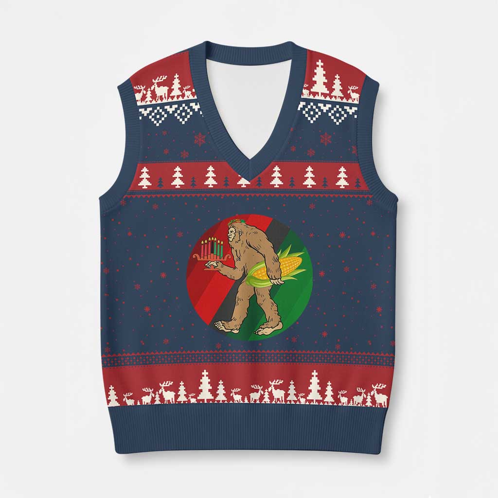 African American Holiday Gift V-Neck Knit Sweater Vest Retro Sunset Bigfoot With Kwanzaa Candle - Print Your Wear