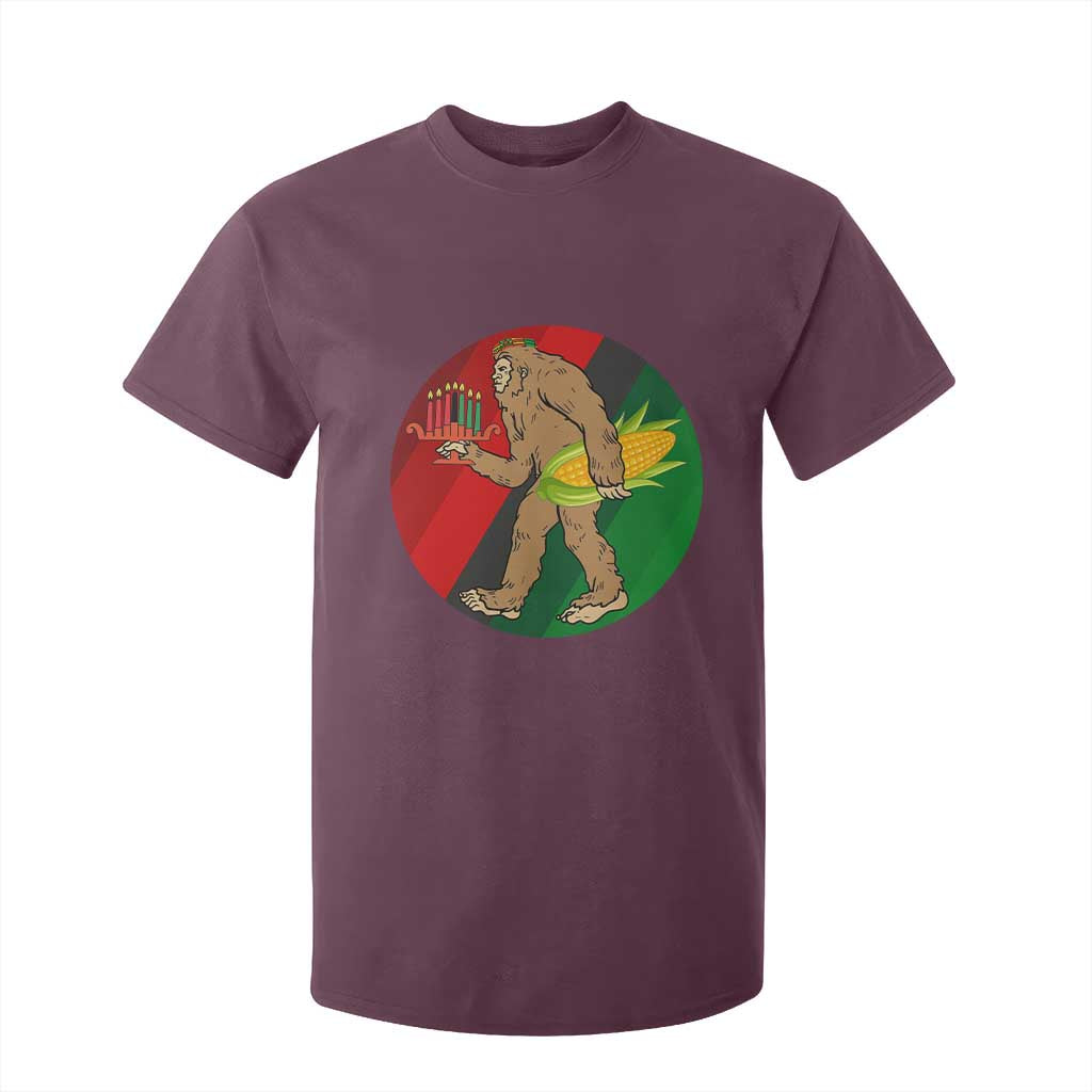 African American Holiday Gift T Shirt For Kid Retro Sunset Bigfoot With Kwanzaa Candle TS12 Maroon Print Your Wear
