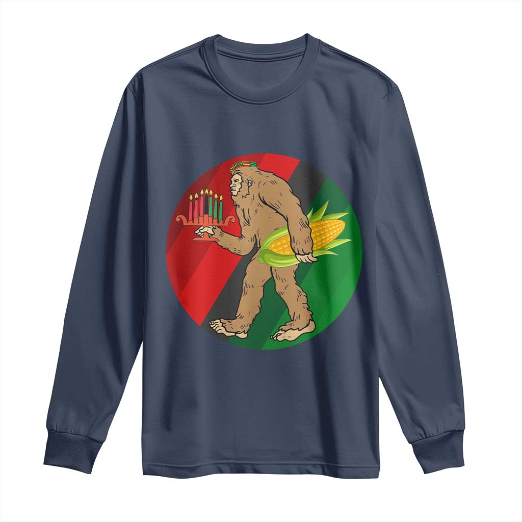 African American Holiday Gift Long Sleeve Shirt Retro Sunset Bigfoot With Kwanzaa Candle TS12 Navy Print Your Wear