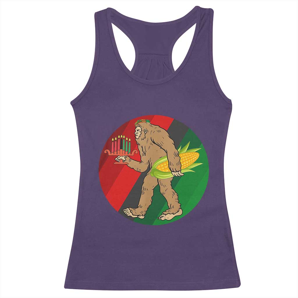 African American Holiday Gift Racerback Tank Top Retro Sunset Bigfoot With Kwanzaa Candle - Print Your Wear