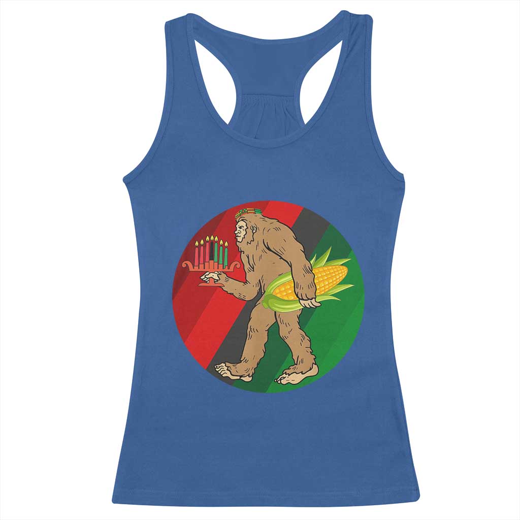 African American Holiday Gift Racerback Tank Top Retro Sunset Bigfoot With Kwanzaa Candle - Print Your Wear