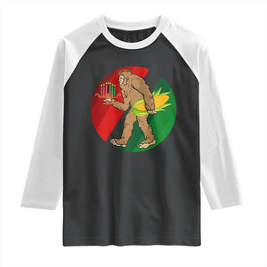 African American Holiday Gift Raglan Shirt Retro Sunset Bigfoot With Kwanzaa Candle - Print Your Wear