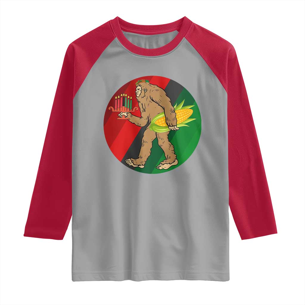 African American Holiday Gift Raglan Shirt Retro Sunset Bigfoot With Kwanzaa Candle - Print Your Wear