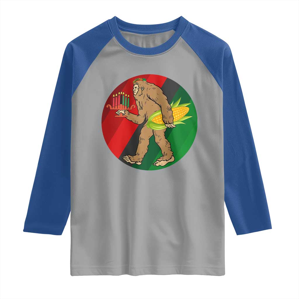 African American Holiday Gift Raglan Shirt Retro Sunset Bigfoot With Kwanzaa Candle - Print Your Wear