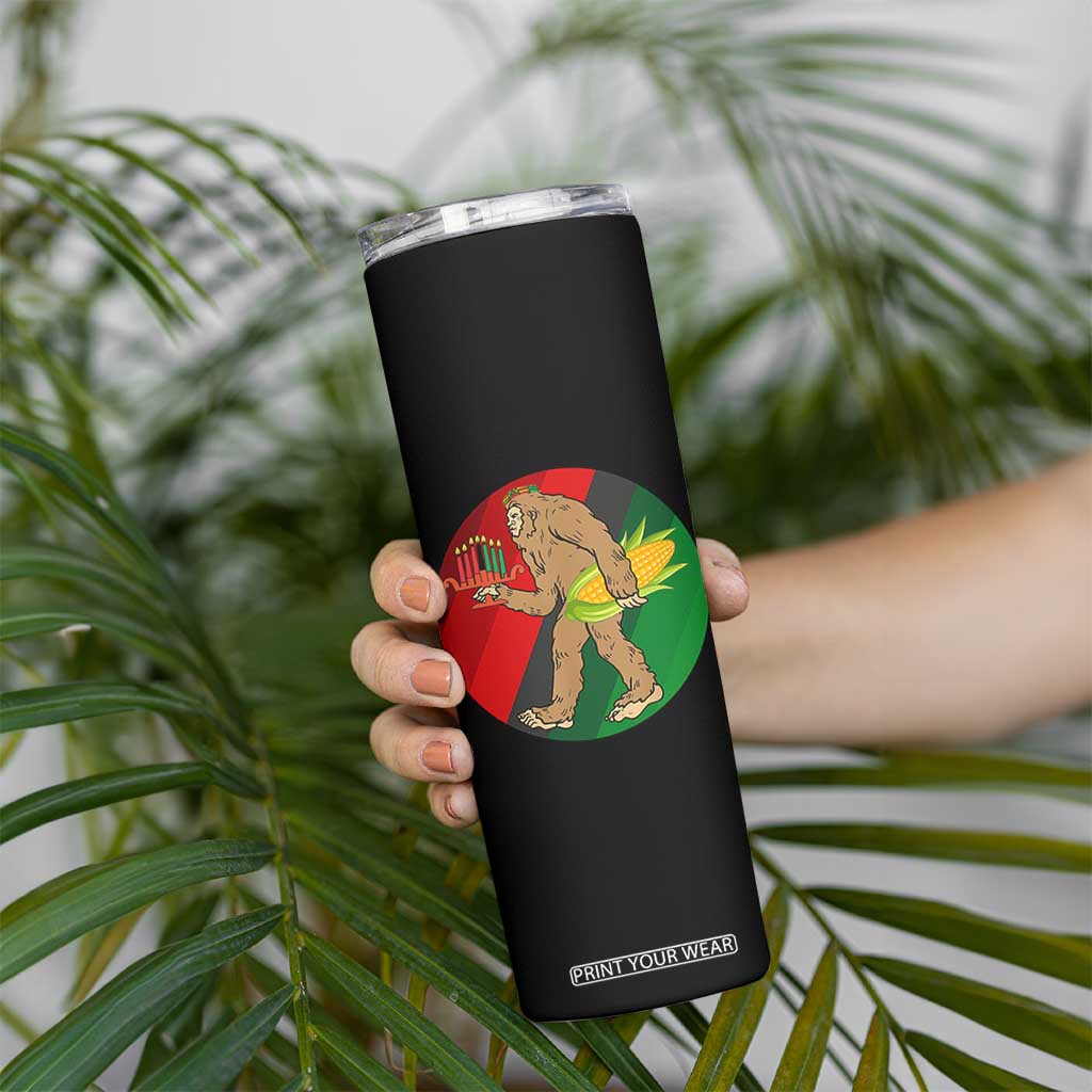African American Holiday Gift Skinny Tumbler Retro Sunset Bigfoot With Kwanzaa Candle - Print Your Wear