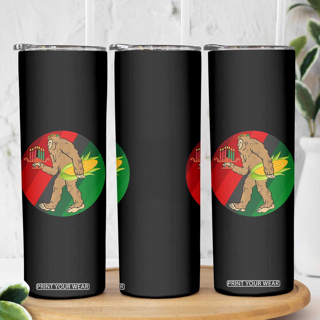 African American Holiday Gift Skinny Tumbler Retro Sunset Bigfoot With Kwanzaa Candle - Print Your Wear