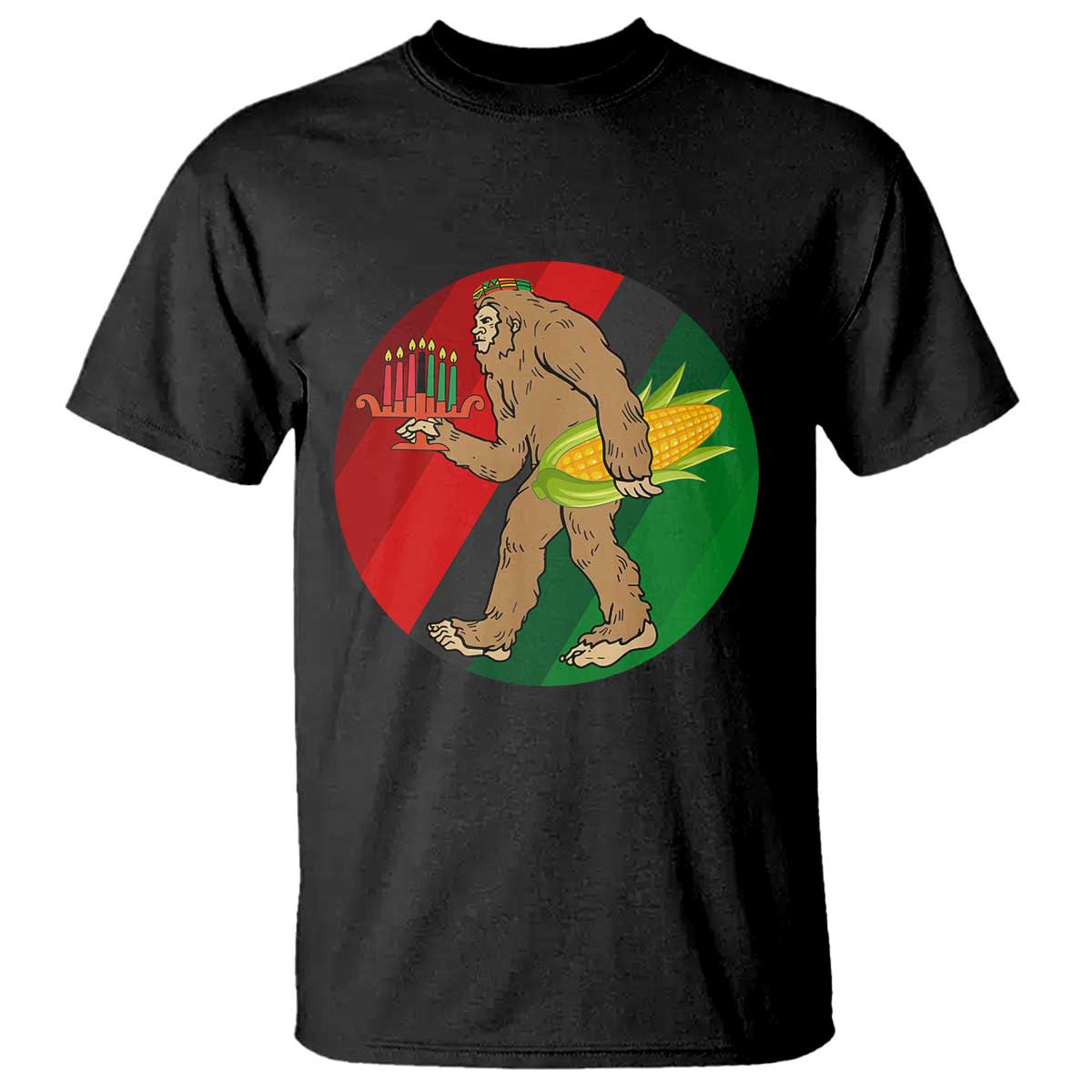 African American Holiday Gift T Shirt Retro Sunset Bigfoot With Kwanzaa Candle - Print Your Wear