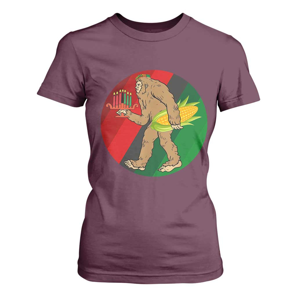 African American Holiday Gift T Shirt For Women Retro Sunset Bigfoot With Kwanzaa Candle - Print Your Wear