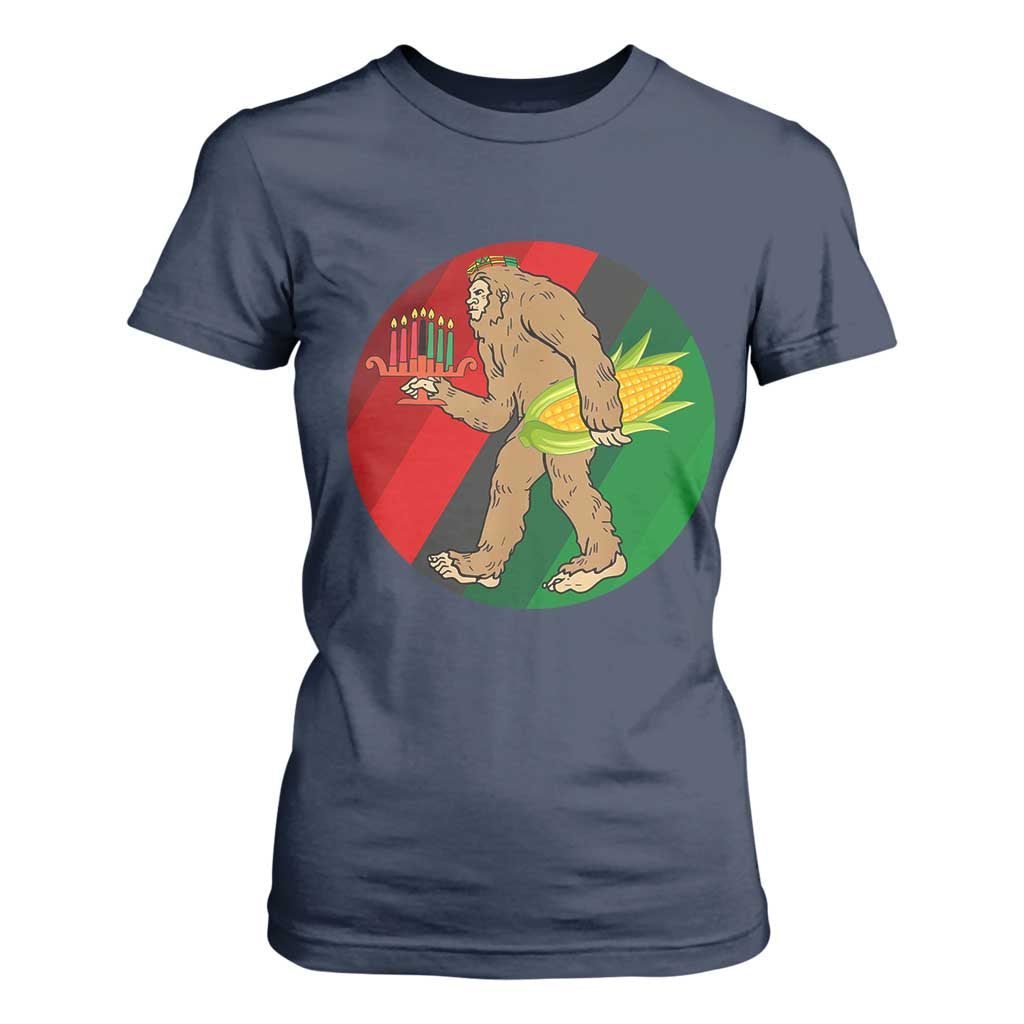 African American Holiday Gift T Shirt For Women Retro Sunset Bigfoot With Kwanzaa Candle TS12 Navy Print Your Wear