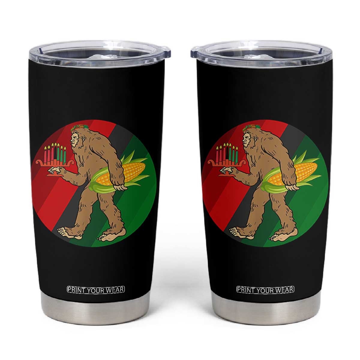 African American Holiday Gift Tumbler Cup Retro Sunset Bigfoot With Kwanzaa Candle - Print Your Wear