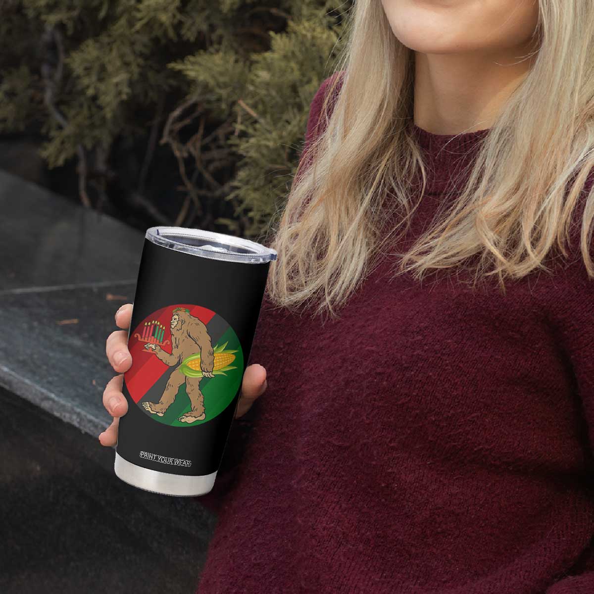 African American Holiday Gift Tumbler Cup Retro Sunset Bigfoot With Kwanzaa Candle TS12 Print Your Wear