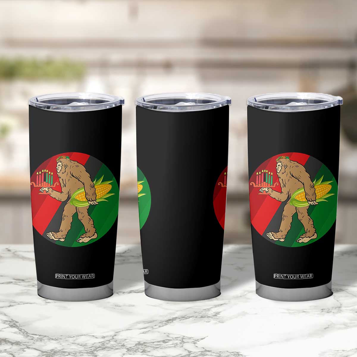 African American Holiday Gift Tumbler Cup Retro Sunset Bigfoot With Kwanzaa Candle TS12 Print Your Wear