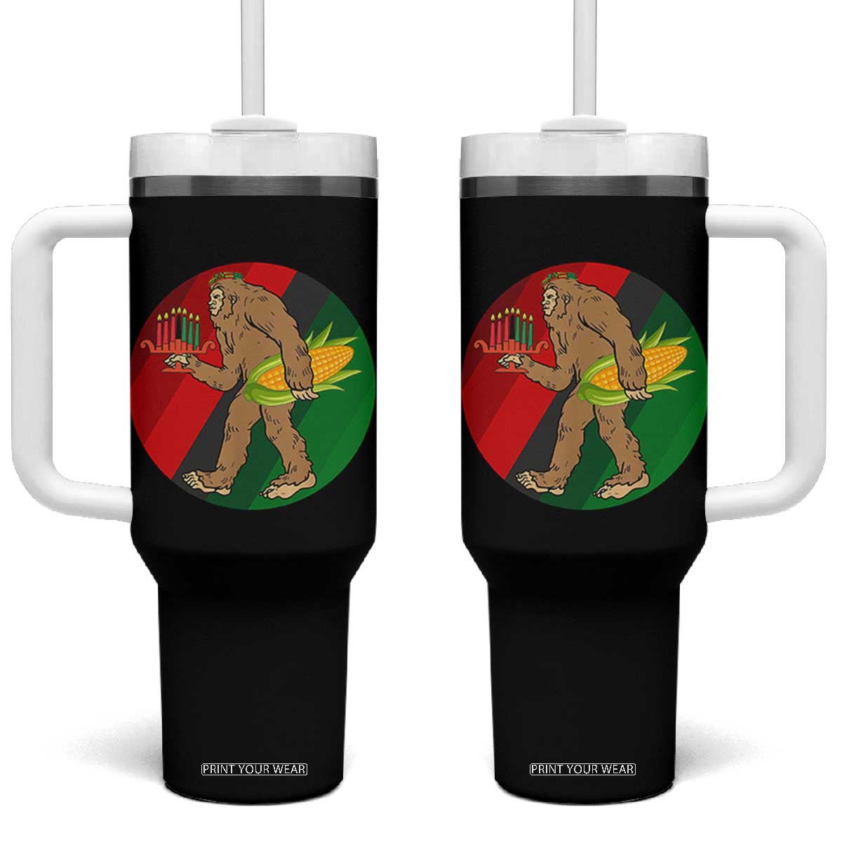 African American Holiday Gift Tumbler With Handle Retro Sunset Bigfoot With Kwanzaa Candle - Print Your Wear