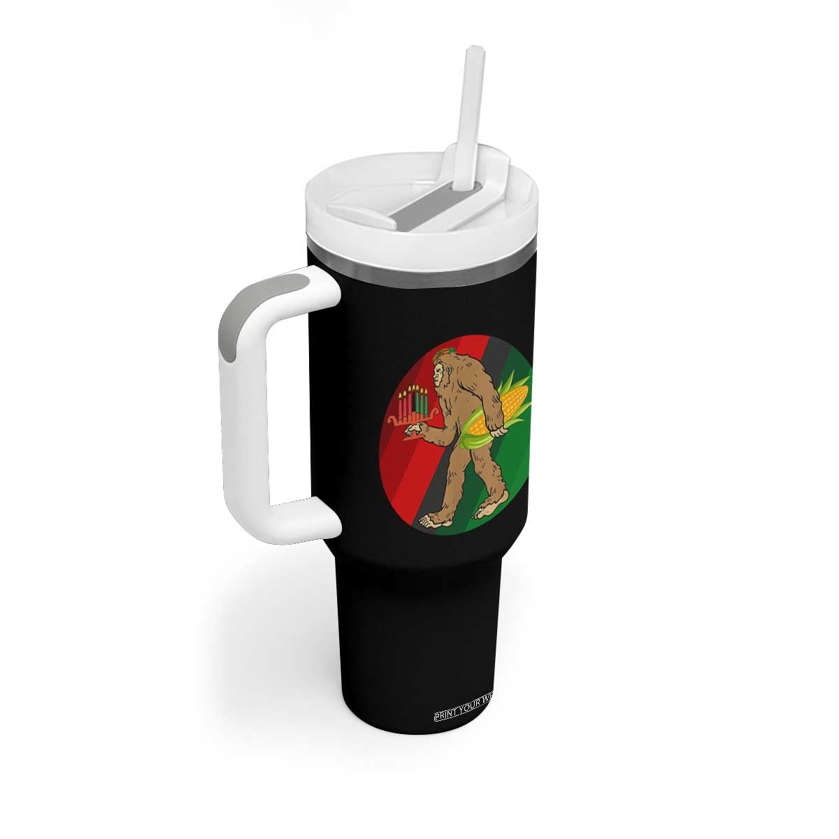 African American Holiday Gift Tumbler With Handle Retro Sunset Bigfoot With Kwanzaa Candle - Print Your Wear