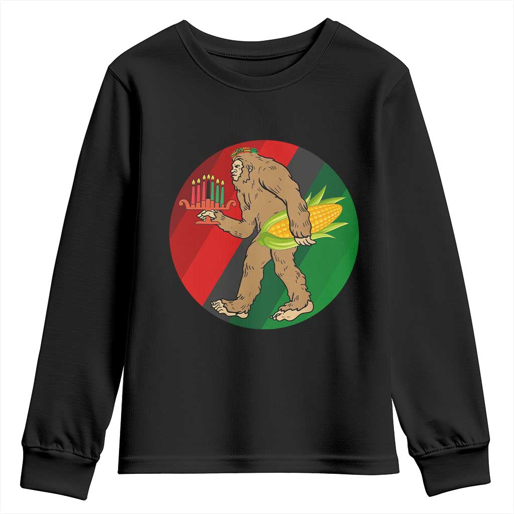 African American Holiday Gift Youth Sweatshirt Retro Sunset Bigfoot With Kwanzaa Candle - Print Your Wear