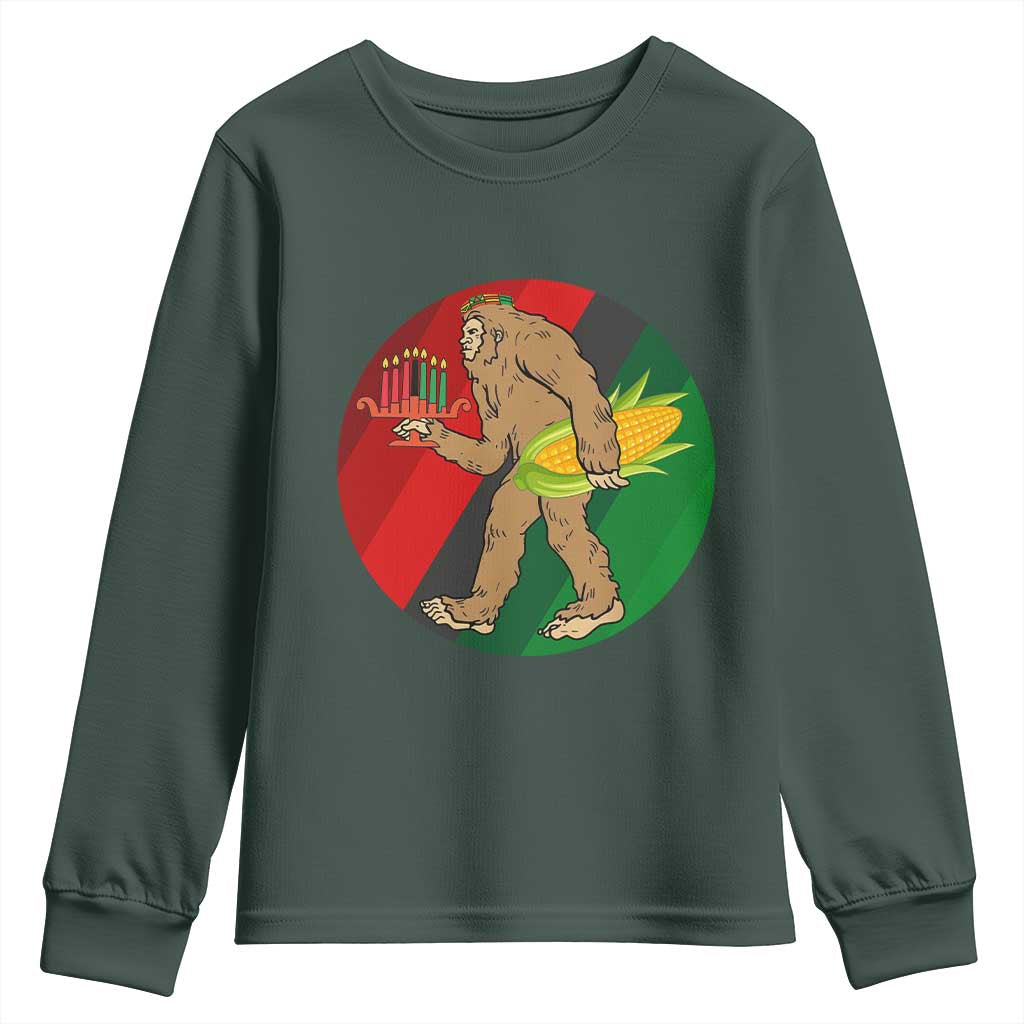 African American Holiday Gift Youth Sweatshirt Retro Sunset Bigfoot With Kwanzaa Candle TS12 Dark Forest Green Print Your Wear