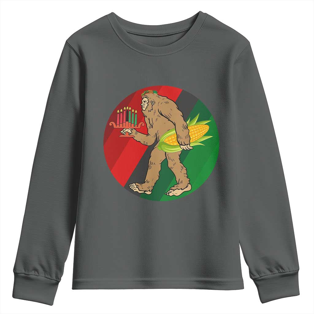 African American Holiday Gift Youth Sweatshirt Retro Sunset Bigfoot With Kwanzaa Candle TS12 Dark Heather Print Your Wear
