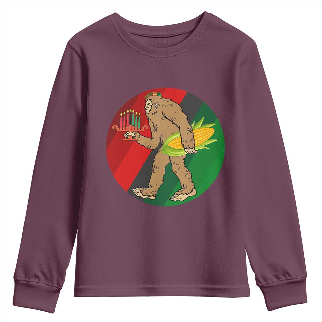 African American Holiday Gift Youth Sweatshirt Retro Sunset Bigfoot With Kwanzaa Candle TS12 Maroon Print Your Wear