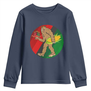 African American Holiday Gift Youth Sweatshirt Retro Sunset Bigfoot With Kwanzaa Candle TS12 Navy Print Your Wear