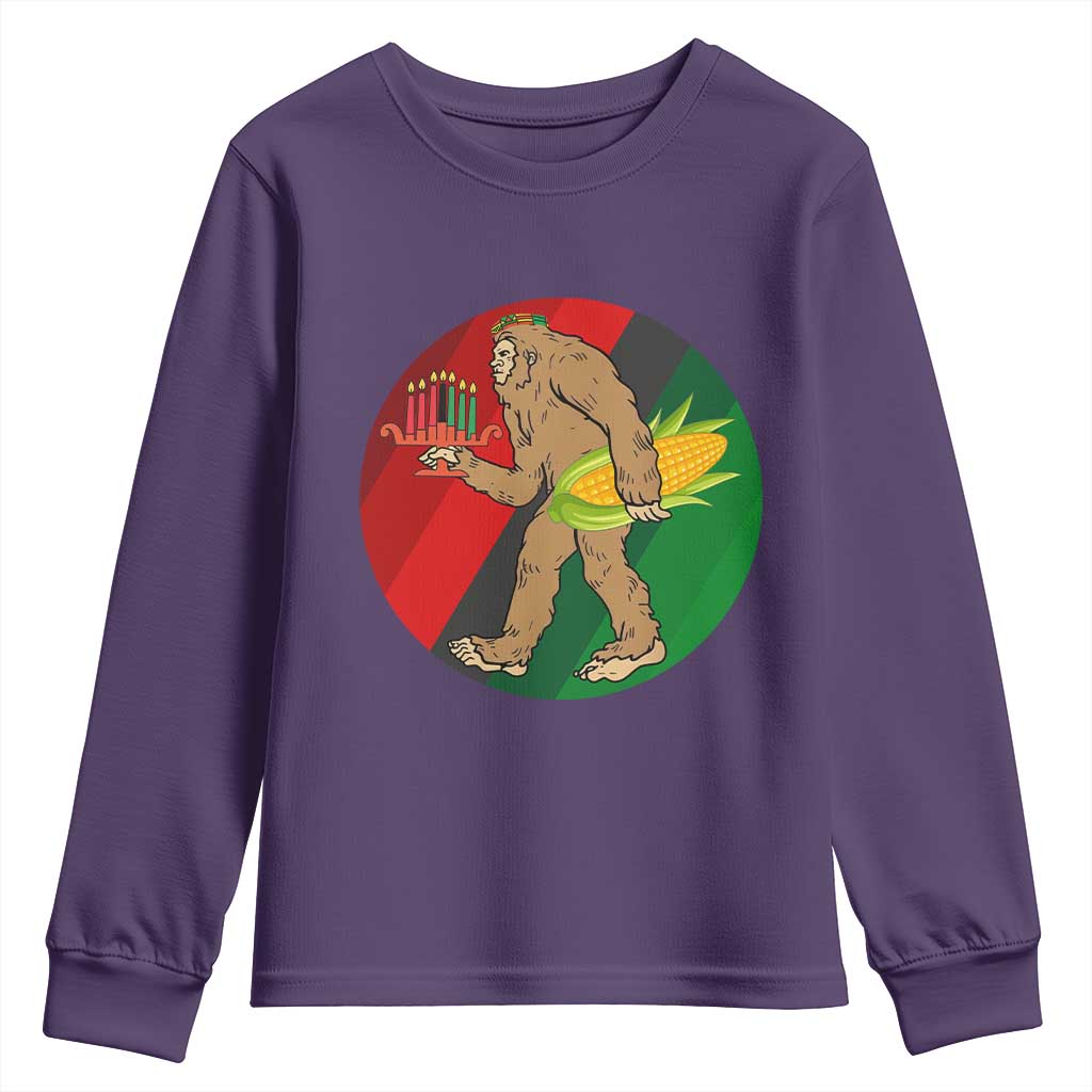 African American Holiday Gift Youth Sweatshirt Retro Sunset Bigfoot With Kwanzaa Candle - Print Your Wear