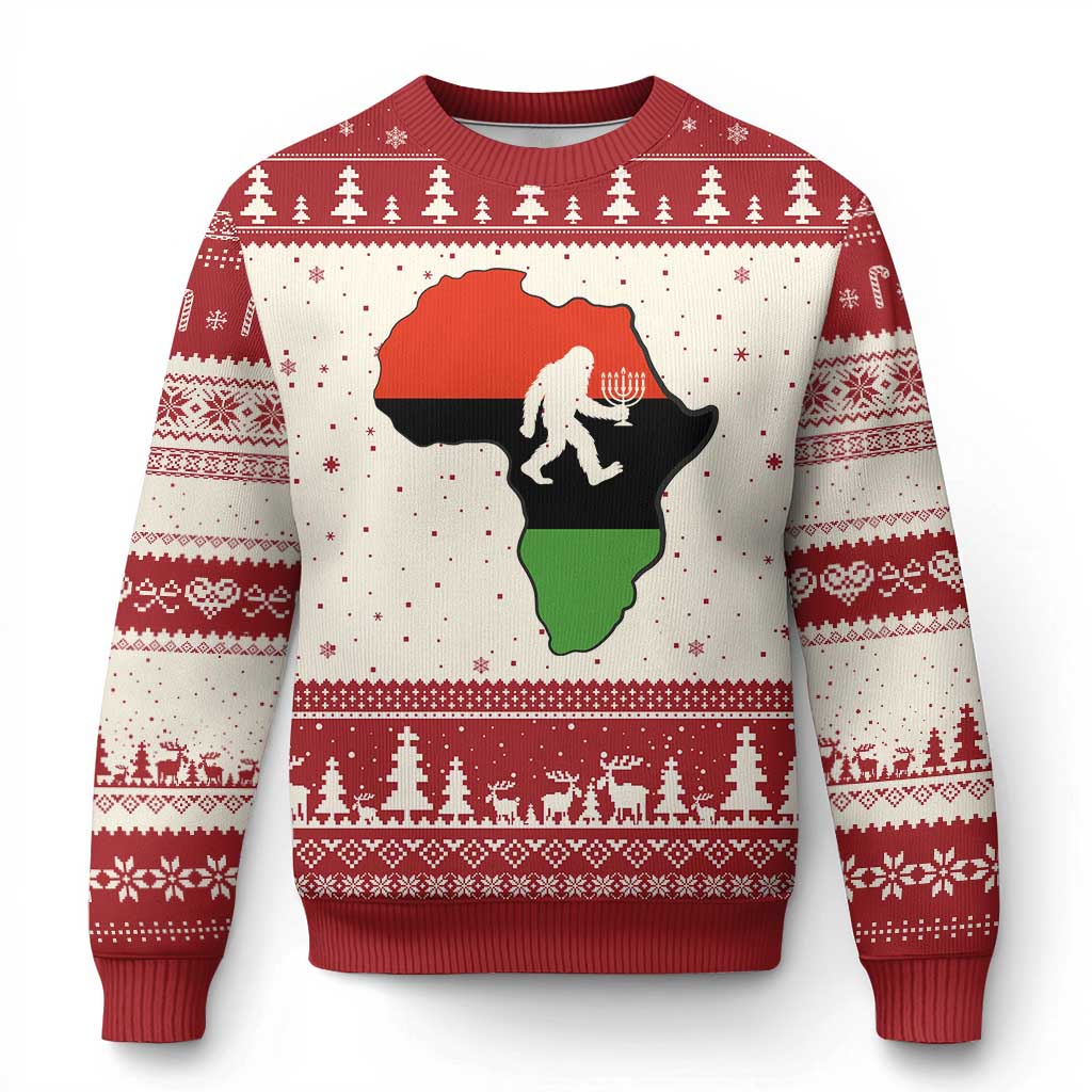 Funny Kwanzaa Bigfoot Lover Ugly Christmas Sweater Festival Of Lights African Heritage Gift - Print Your Wear