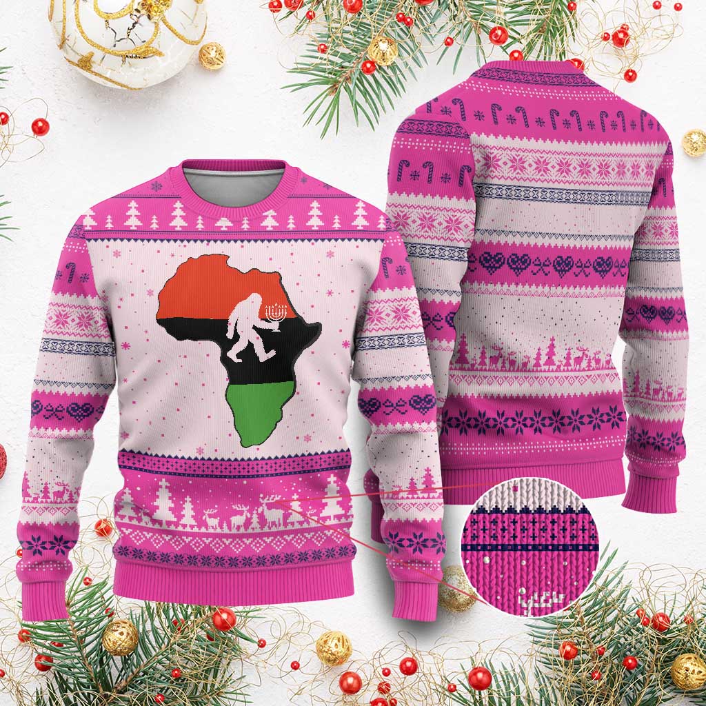 Funny Kwanzaa Bigfoot Lover Ugly Christmas Sweater Festival Of Lights African Heritage Gift TS12 Hot Pink Print Your Wear