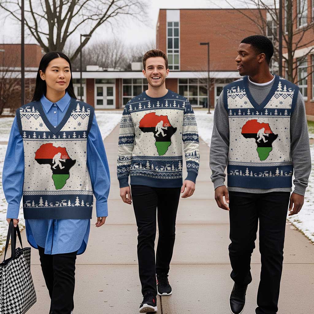 Funny Kwanzaa Bigfoot Lover V-Neck Knit Sweater Vest Festival Of Lights African Heritage Gift TS12 Beige Navy Print Your Wear