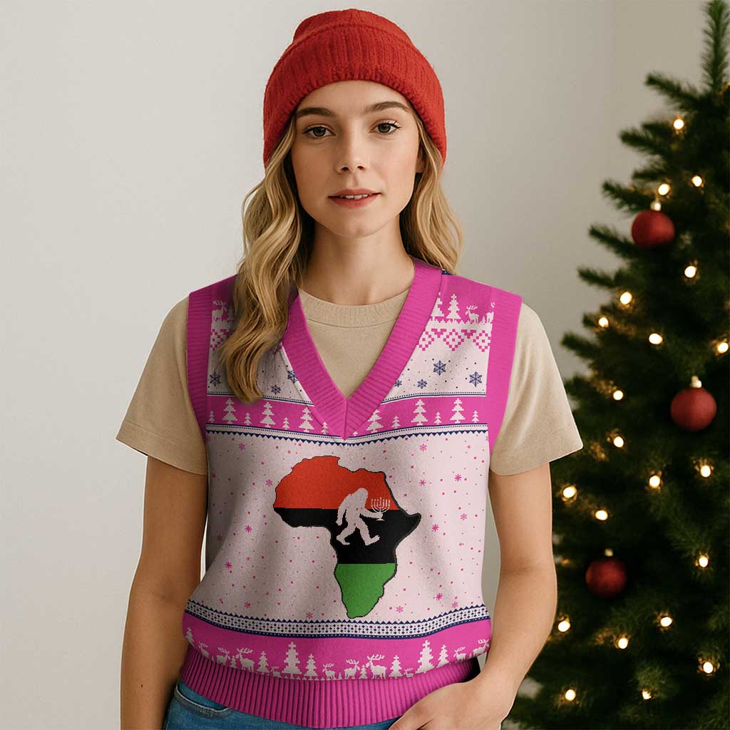 Funny Kwanzaa Bigfoot Lover V-Neck Knit Sweater Vest Festival Of Lights African Heritage Gift - Print Your Wear