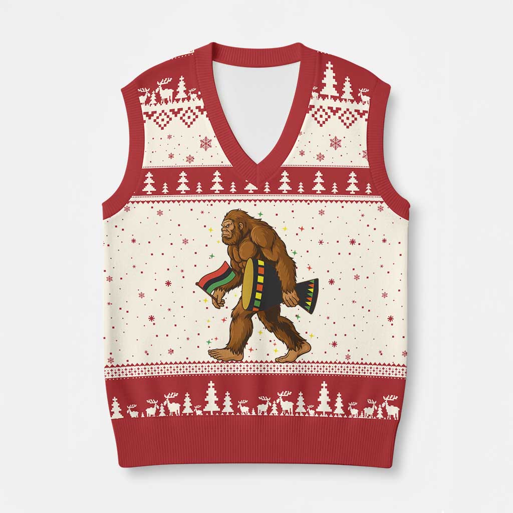 Funny Kwanzaa Bigfoot Lover V-Neck Knit Sweater Vest African American Holiday Gift - Print Your Wear