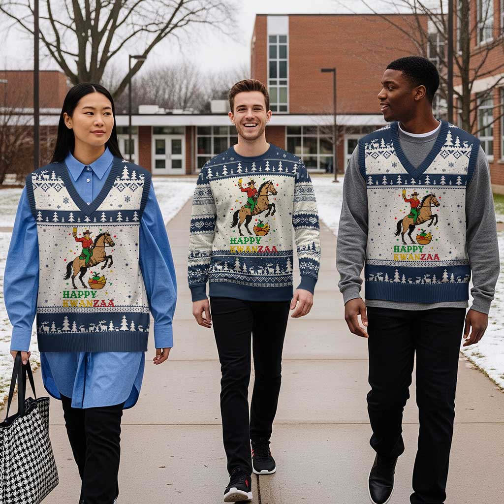 Happy Kwanzaa Cowboy V-Neck Knit Sweater Vest Funny African Holiday Gift - Print Your Wear