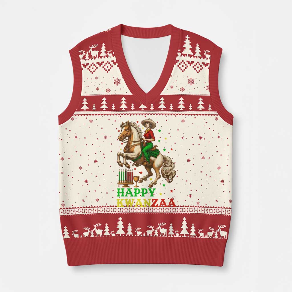 Happy Kwanzaa Cowgirl V-Neck Knit Sweater Vest Funny African American Festival Gift - Print Your Wear