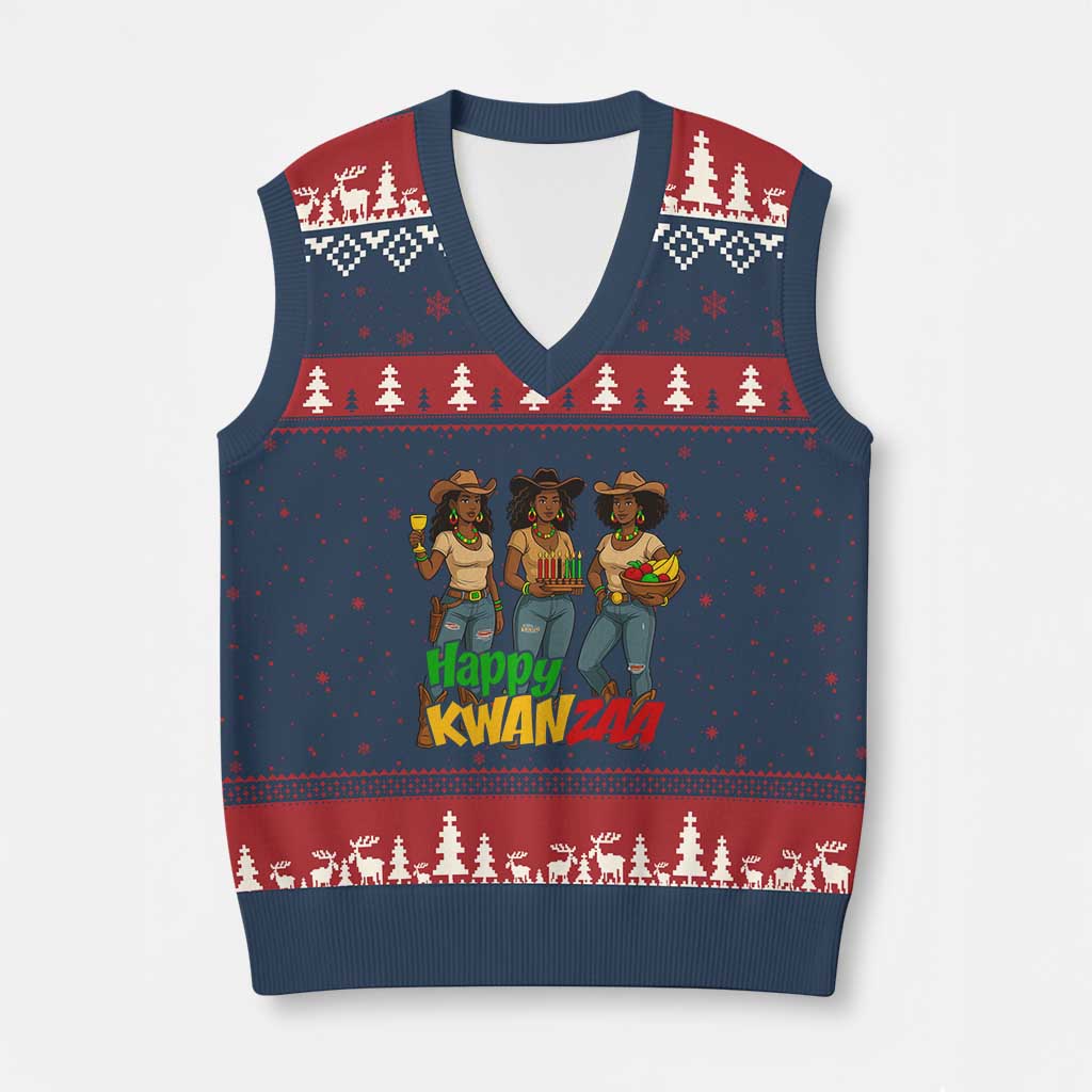 Happy Kwanzaa Cowgirl V-Neck Knit Sweater Vest Festival Of Lights African Heritage Gift - Print Your Wear