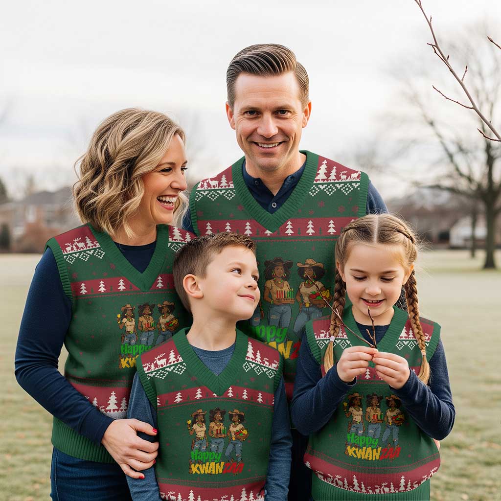 Happy Kwanzaa Cowgirl V-Neck Knit Sweater Vest Festival Of Lights African Heritage Gift - Print Your Wear