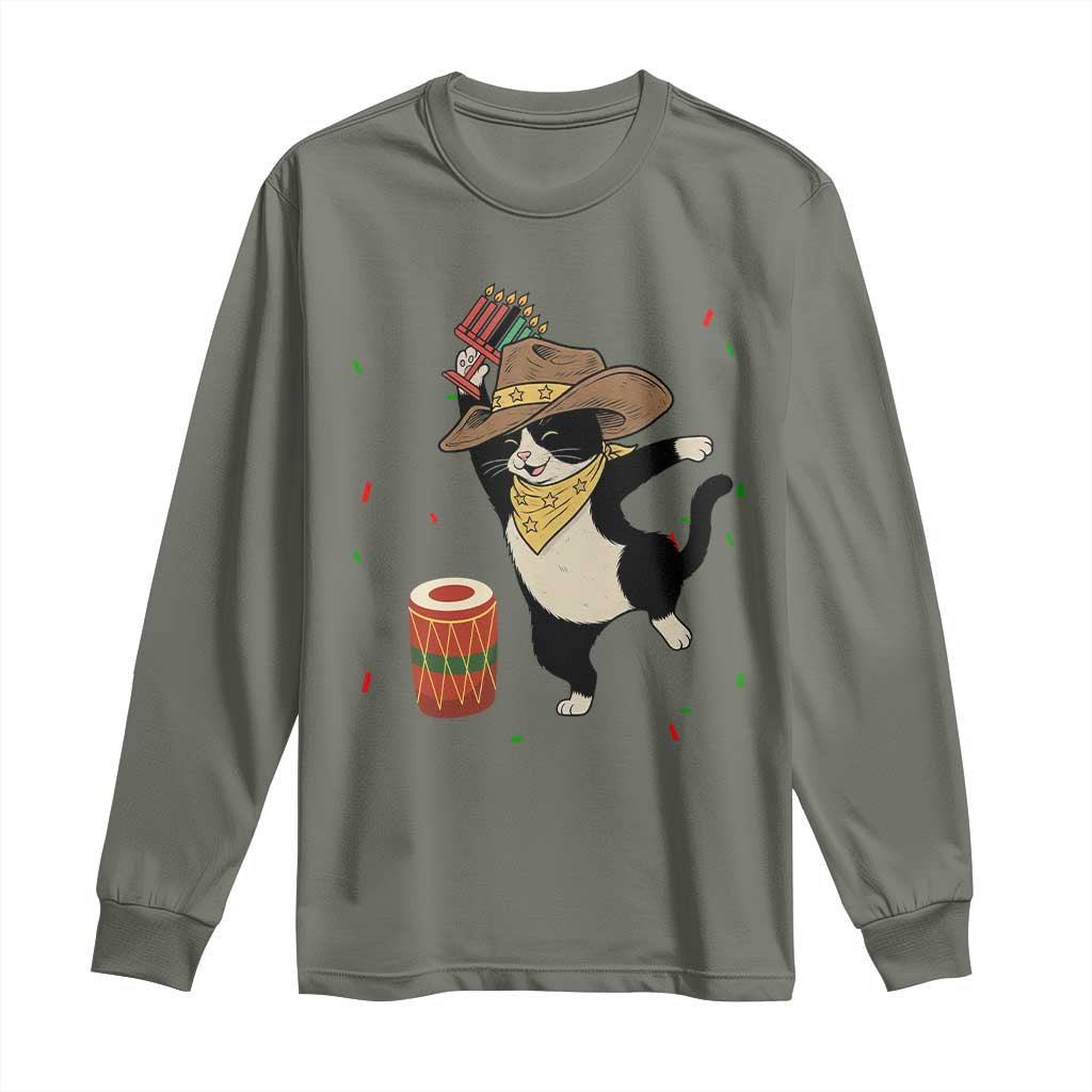 Funny Kwanzaa Cowcat Dance Long Sleeve Shirt Festival Of Lights African Heritage Gift TS12 Military Green Print Your Wear