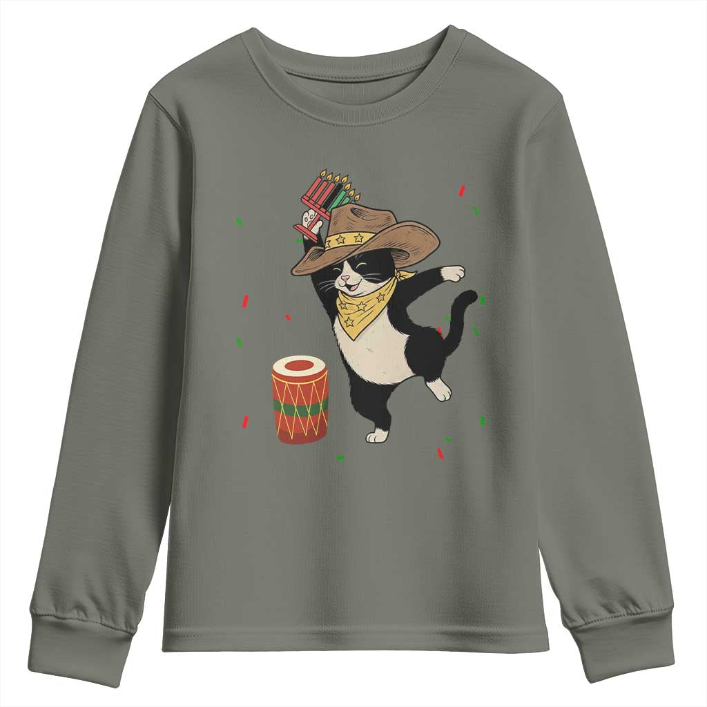 Funny Kwanzaa Cowcat Dance Youth Sweatshirt Festival Of Lights African Heritage Gift TS12 Military Green Print Your Wear