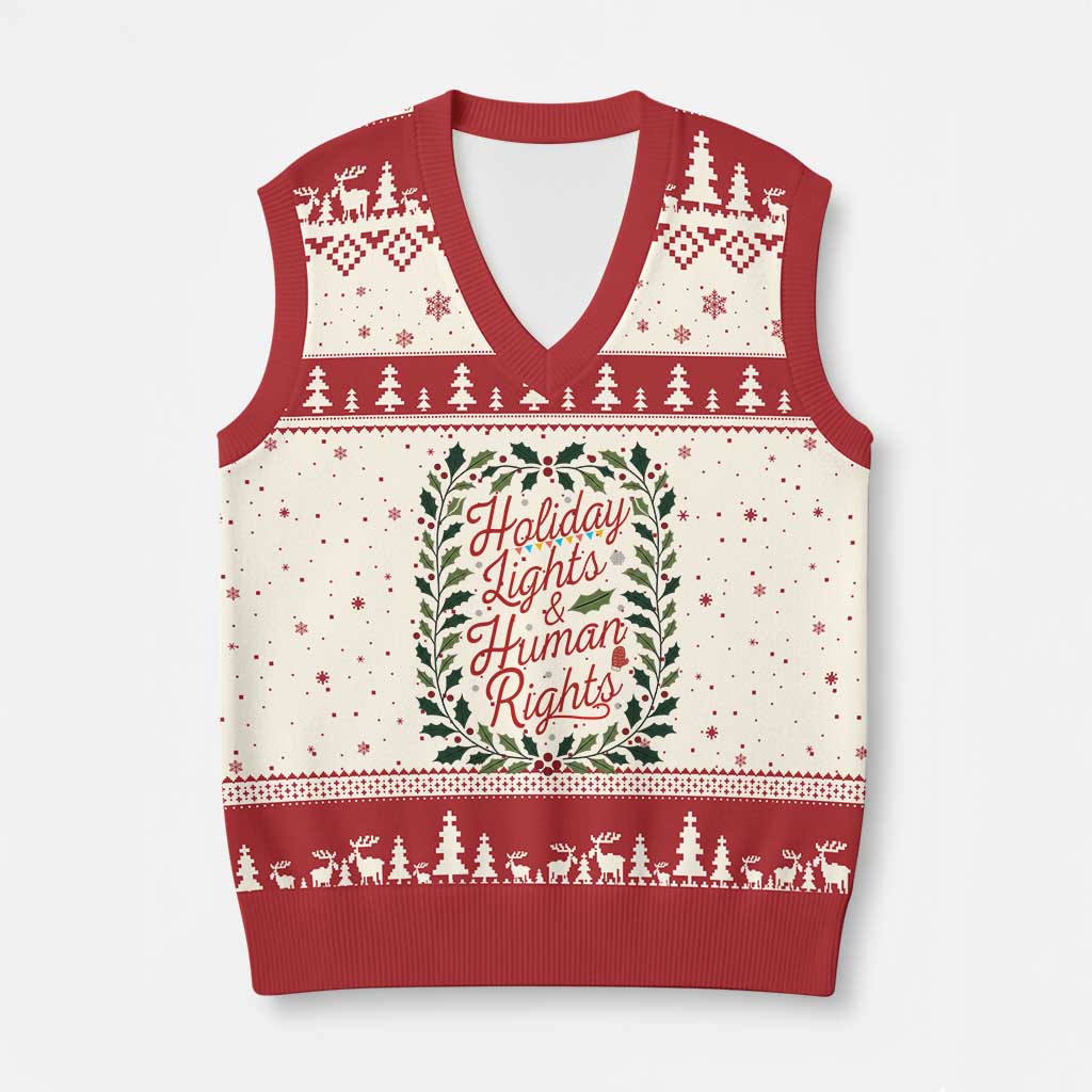 Holiday Lights And Human Rights V-Neck Knit Sweater Vest Christmas Activists Freedom Gift TS12 Beige Red Print Your Wear